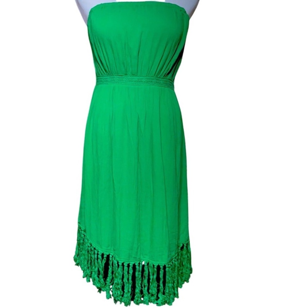 MDB Ieshop Green Strapless Boho Midi Dress Tassel Fringe Hem Smocked Back NEW